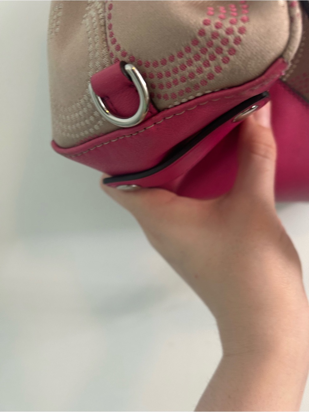 Coach Ashley dotted Op Art sateen satchel in khaki and hot pink with wallet - Picture 11 of 17
